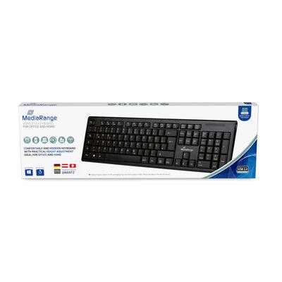 Verpackte schwarze kabelgebundene Tastatur mit der Bezeichnung „MediaRange