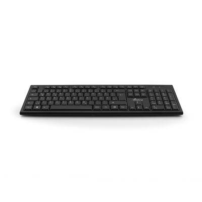 Schwarze Computertastatur auf weißem Hintergrund, frontal dargestellt und zentriert.