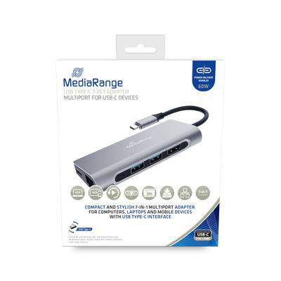 MediaRange USB Type-C 7-in-1 Multiport-Adapter-Verpackung mit einer silbernen Docking-Station mit mehreren Anschlüssen und USB-C-Stecker.