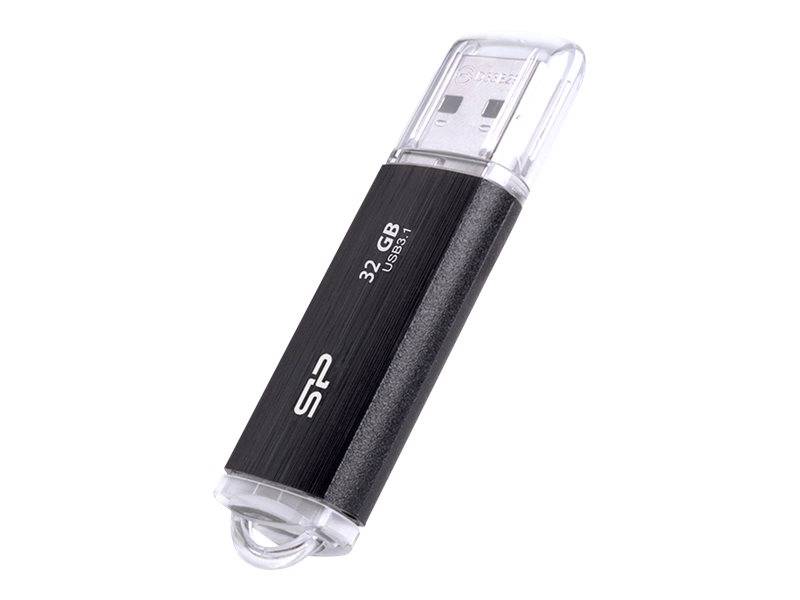 Schwarzes 32-GB-SP-USB-Flash-Laufwerk mit transparenter Schutzkappe, gezeigt auf weißem Hintergrund.