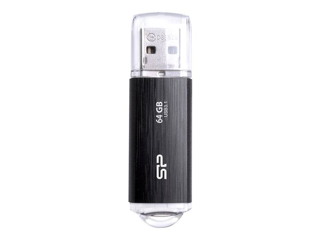 Schwarzer SP 64GB USB-Stick mit transparenter Kappe, gezeigt auf weißem Hintergrund.