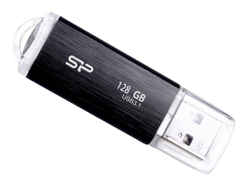 Schwarzes und durchsichtiges 128-GB-USB-3.1-Flash-Laufwerk mit Schutzkappe, gezeigt auf weißem Hintergrund.