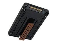 Unteransicht eines schwarzen elektronischen Geräts oder einer Patrone mit einem goldenen Anschluss und einem braunen perforierten Streifen, der sich von der Mitte erstreckt.