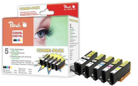 Paket mit Pfirsich-COMBI-PACK Tintenpatronen für Canon C550XL/C551XL mit fünf Patronen neben der Box.