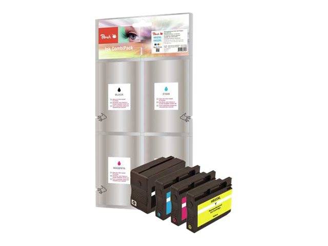 Packung mit vier Druckerpatronen in Schwarz, Cyan, Magenta und Gelb, dargestellt in Einzelhandelverpackung mit den Patronen, die vorne angezeigt werden.
