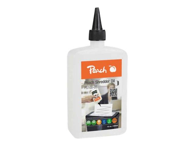 Flasche mit Pfirsich-Shredder-Öl mit schwarzer Düsenkkappe und Vorderetikett mit Aktenvernichter-Öl, Produktbild und QR-Code.