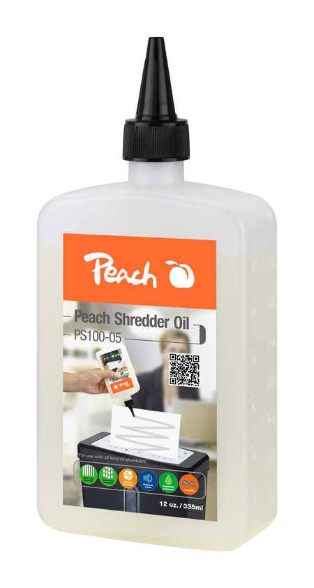 Flasche Pfirsich-Shredder-Öl mit Bezeichnung PS100-05, 12 oz/355 ml, mit Etikett zur Verwendung in Papierschredderer und QR-Code.