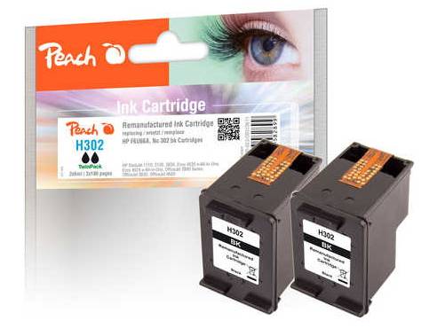 Peach Tintenpatrone H302 Packung mit zwei schwarzen Ersatztintenpatronen vorne, gekennzeichnet für HP 302/HP 302 BK.