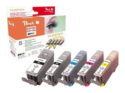 Packung mit fünf Peach-Druckerpatronen, beschriftet mit C570XL/C571XL Multipack, gezeigt mit schwarzen, cyan-, magenta-, gelben und fotoschwarz-Patronen.