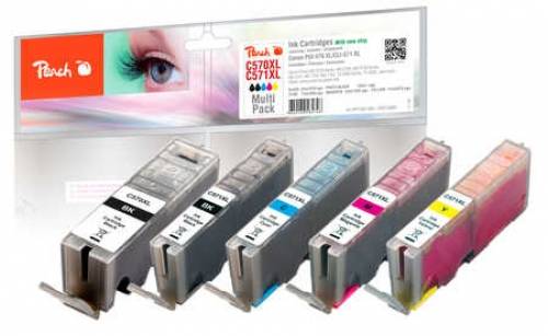 Fünf Canon Peach Tintenpatronen in verschiedenen Farben mit Einzelhandelsverpackung, einschließlich eines 