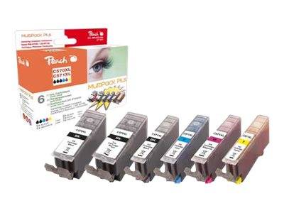 Packung mit sechs Canon Peach Tintenpatronen neben sechs einzelnen Patronen in den Farben Schwarz, Cyan, Magenta und Gelb.