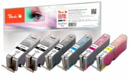Satz aus sechs pfirsichkompatiblen Tintenpatronen in Schwarz, Cyan, Magenta und Gelb, abgebildet mit Einzelhandelsverpackung für C57XXL-Patronen.