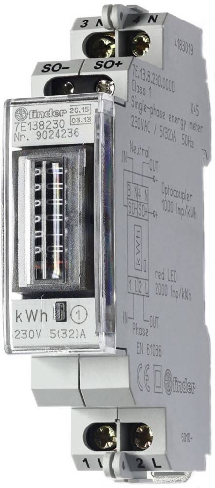 Ein analoges Stromzähler zeigt den Energieverbrauch in Kilowattstunden (kWh) und weitere technische Spezifikationen auf der Frontplatte an.