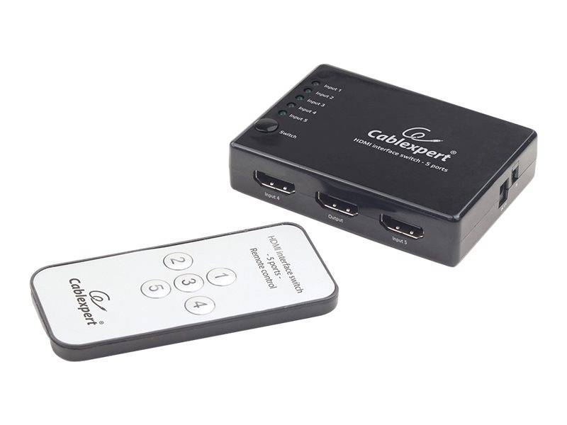 CableExpert 5-Port-HDMI-Umschalter mit nummerierter Fernbedienung, verwendet zum Umschalten zwischen mehreren HDMI-Eingängen.