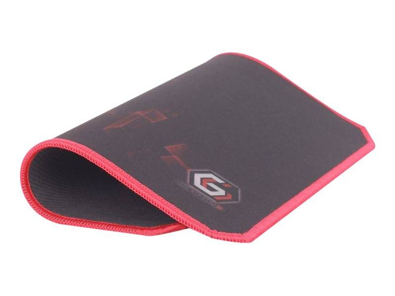 Schwarzrot gemusterte Stoff-Mousepad mit abgerundeter Vorderkante auf weißem Hintergrund.