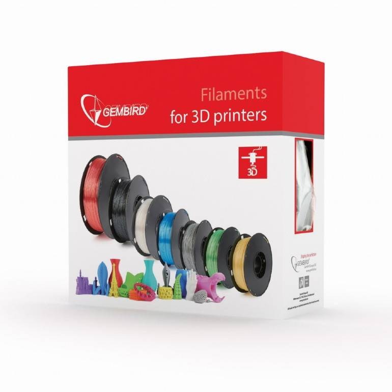 Gembird-Filament-Box für 3D-Drucker, gezeigt mit mehreren farbigen Filamentspulen und kleinen 3D-gedruckten Modellen auf der Vorderseite.