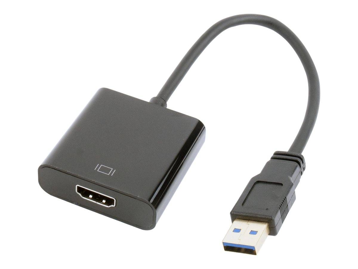 USB-zu-HDMI-Adapterkabel mit einem USB-A-Stecker und einer HDMI-Buchse auf weißem Hintergrund