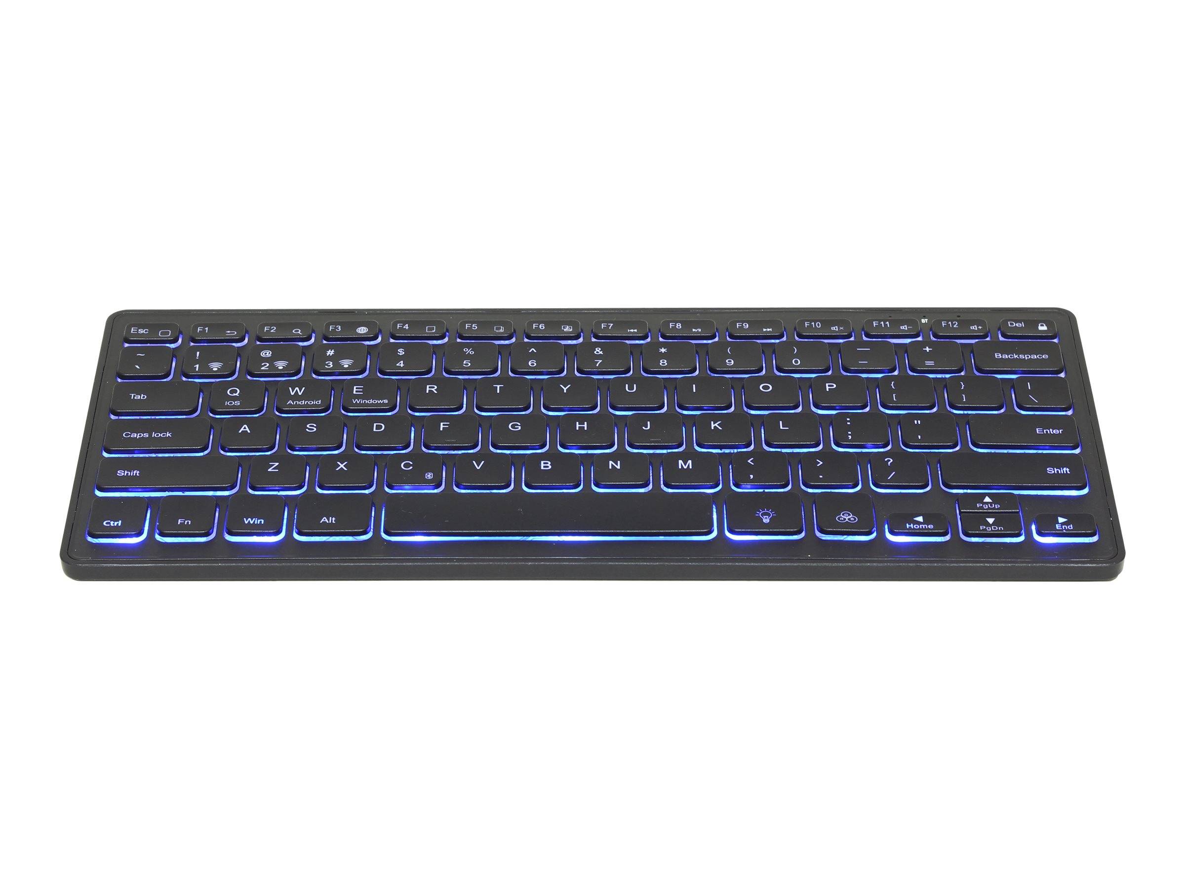 Eine kompakte schwarze kabellose Tastatur mit blau beleuchteten Tasten auf weißem Hintergrund.