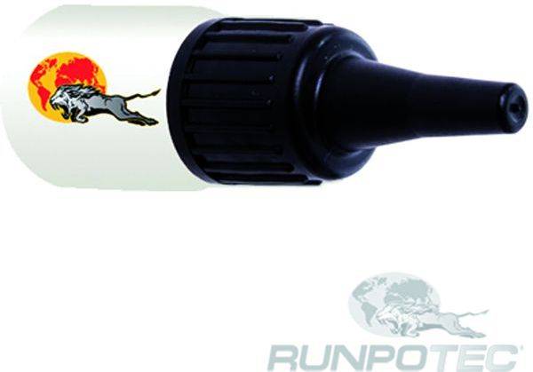 Schwarze Tropferflasche mit einem laufenden Leoparden-Logo und schwacher „RUNPOTEC