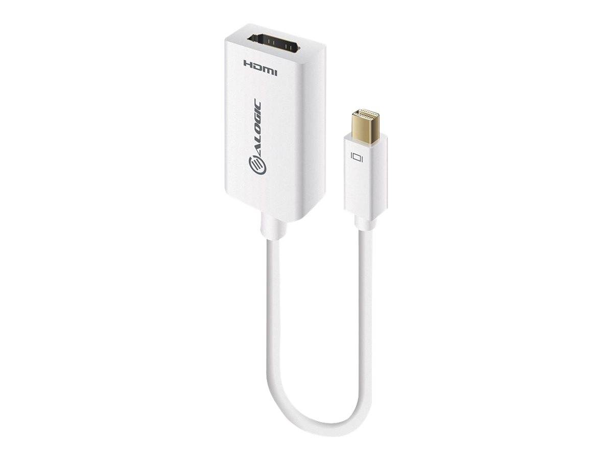 Weißes HDMI-Adapterkabel mit einem größeren weiblichen HDMI-Anschluss an einem Ende und einem kleineren vergoldeten männlichen Mini-DisplayPort-Anschluss am anderen Ende.