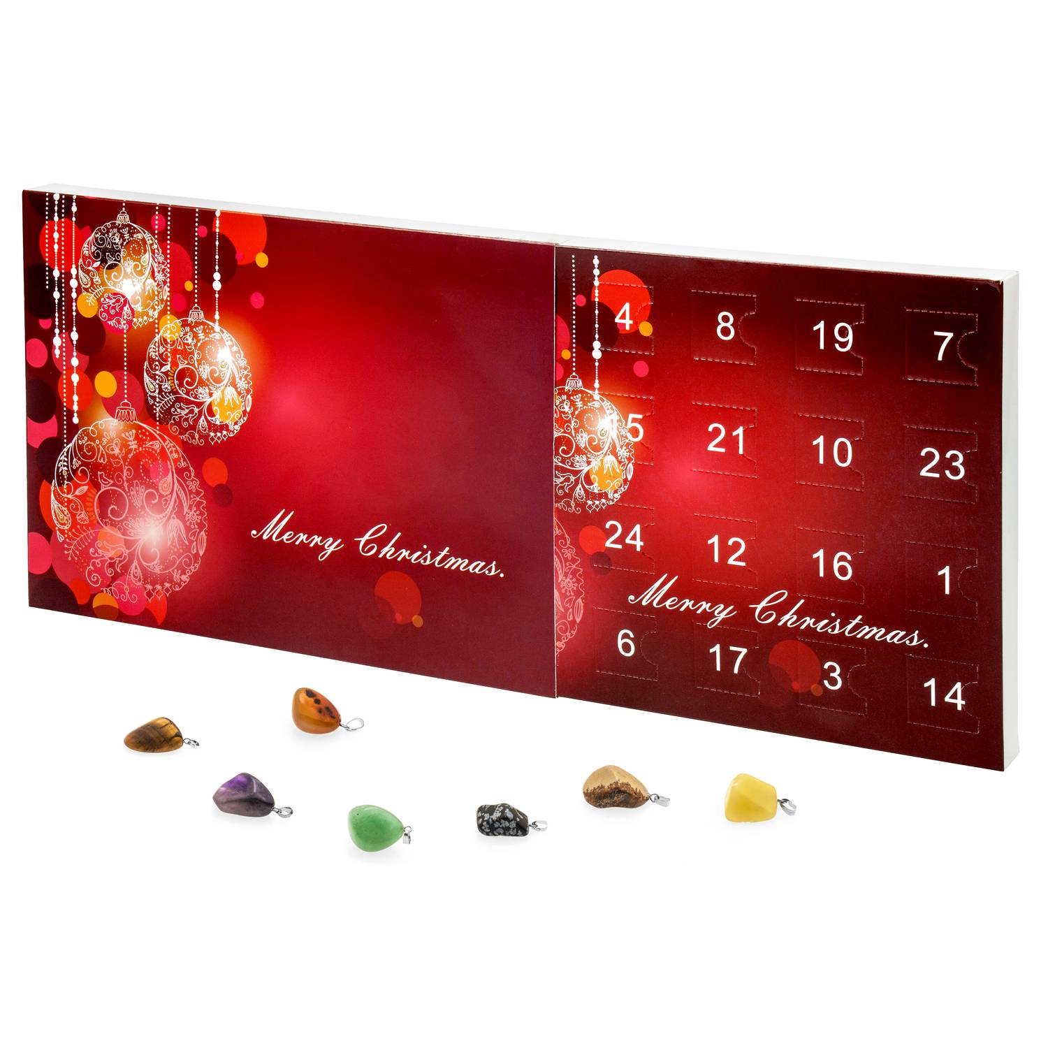VALIOSA Merry Christmas Mode-Schmuck Adventskalender mit Halskette + 23 individuelle Anhänger aus Halb-Edelstein, Geschenkidee für Mädchen, 24-teil