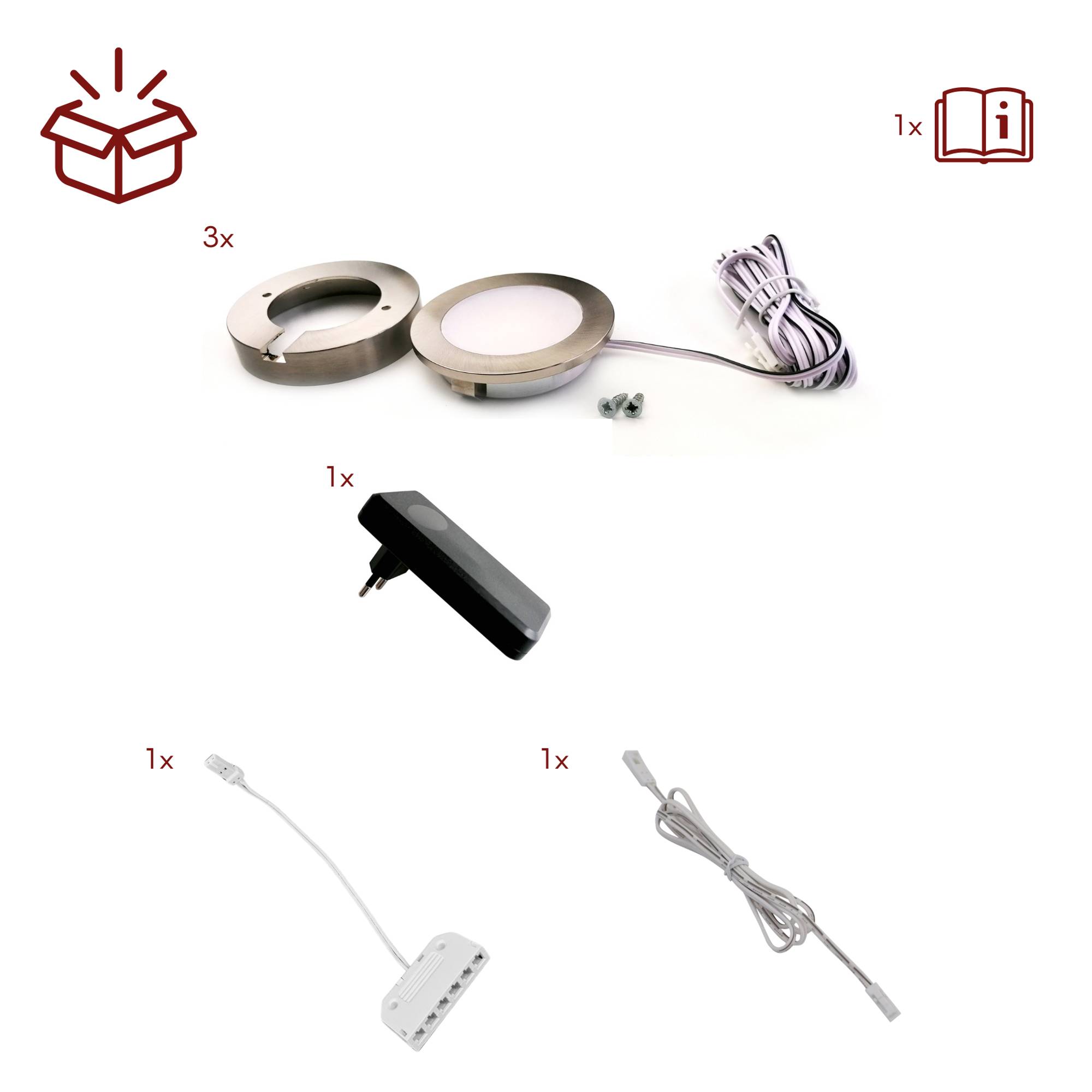 kalb | 3er Set LED Einbauspot Unterbauspot Edelstahl gebürstet 12VDC 3 Watt Warmweiß 6,3 cm ∅ Einbaustrahler für Möbel inkl. Aufsatzring mit Net