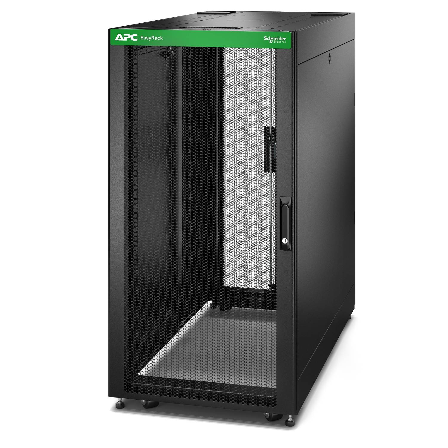 Schwarzer APC EasyRack Server-Rack-Schrank mit Gitternetzfront-Tür und grünem Schneider-Logo, dargestellt auf weißem Hintergrund.