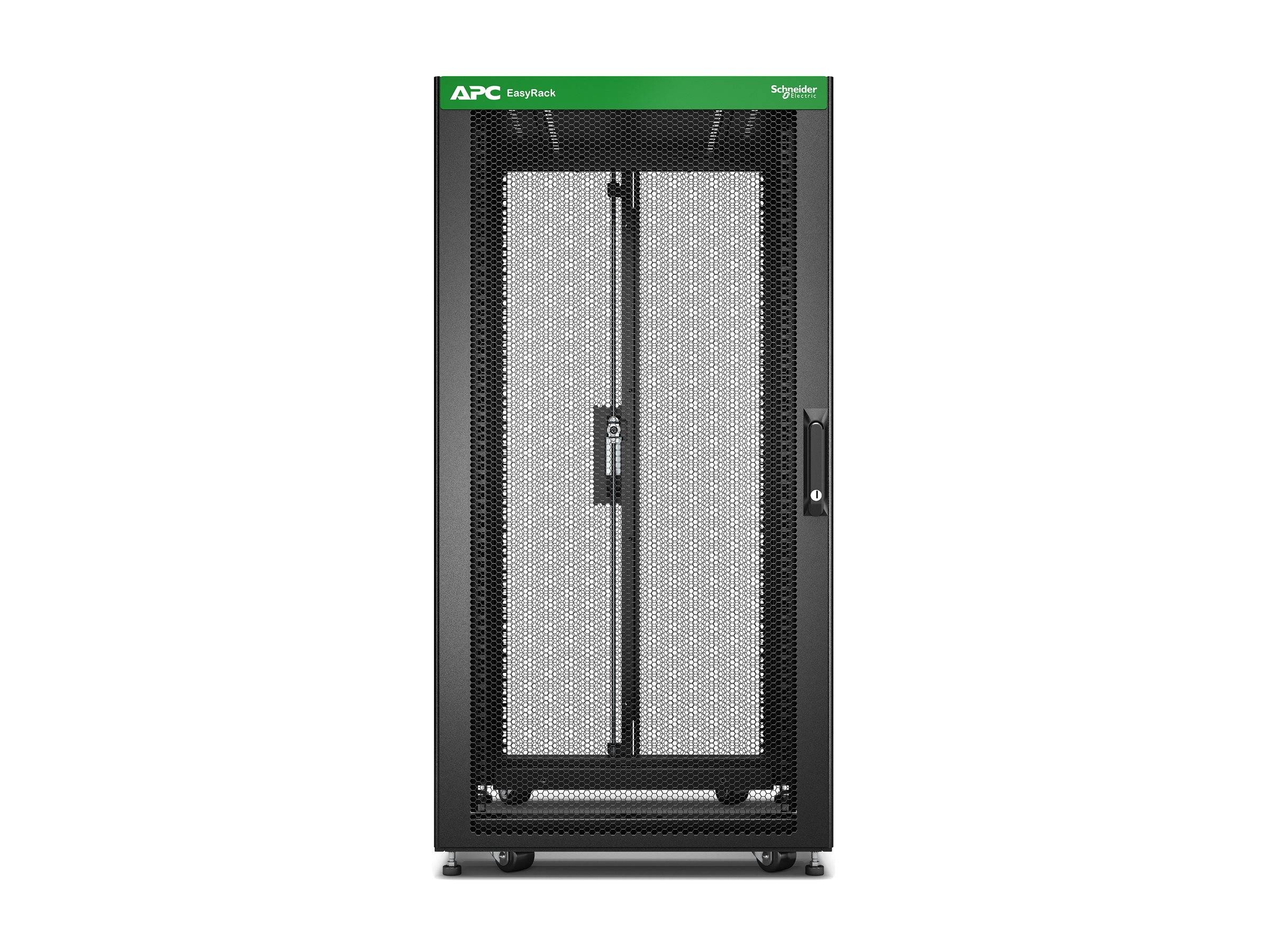 Vorderansicht eines schwarzen APC NetShelter Server-Rack-Schranks mit Lochmetall-Türen und Lenkrollen.
