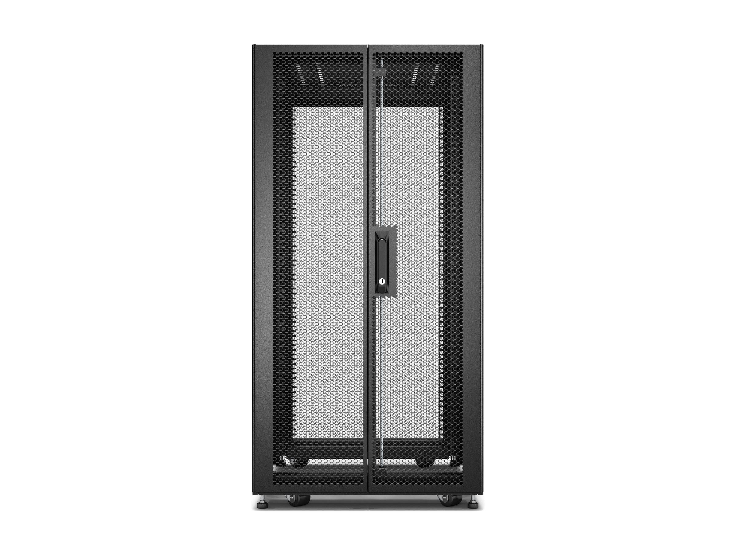 Schwarzer Metallzweitüren-Geräteschrank mit Gitterfront-Paneelen und Rollen, geschlossen auf weißem Hintergrund dargestellt.