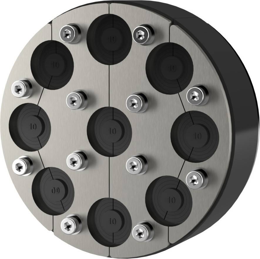 Ein rundes Metallkabelversiegelungsgerät mit mehreren schwarzen Gummimanschetten und sichtbaren Schrauben, das zum Sichern und Organisieren von Kabeln verwendet wird.