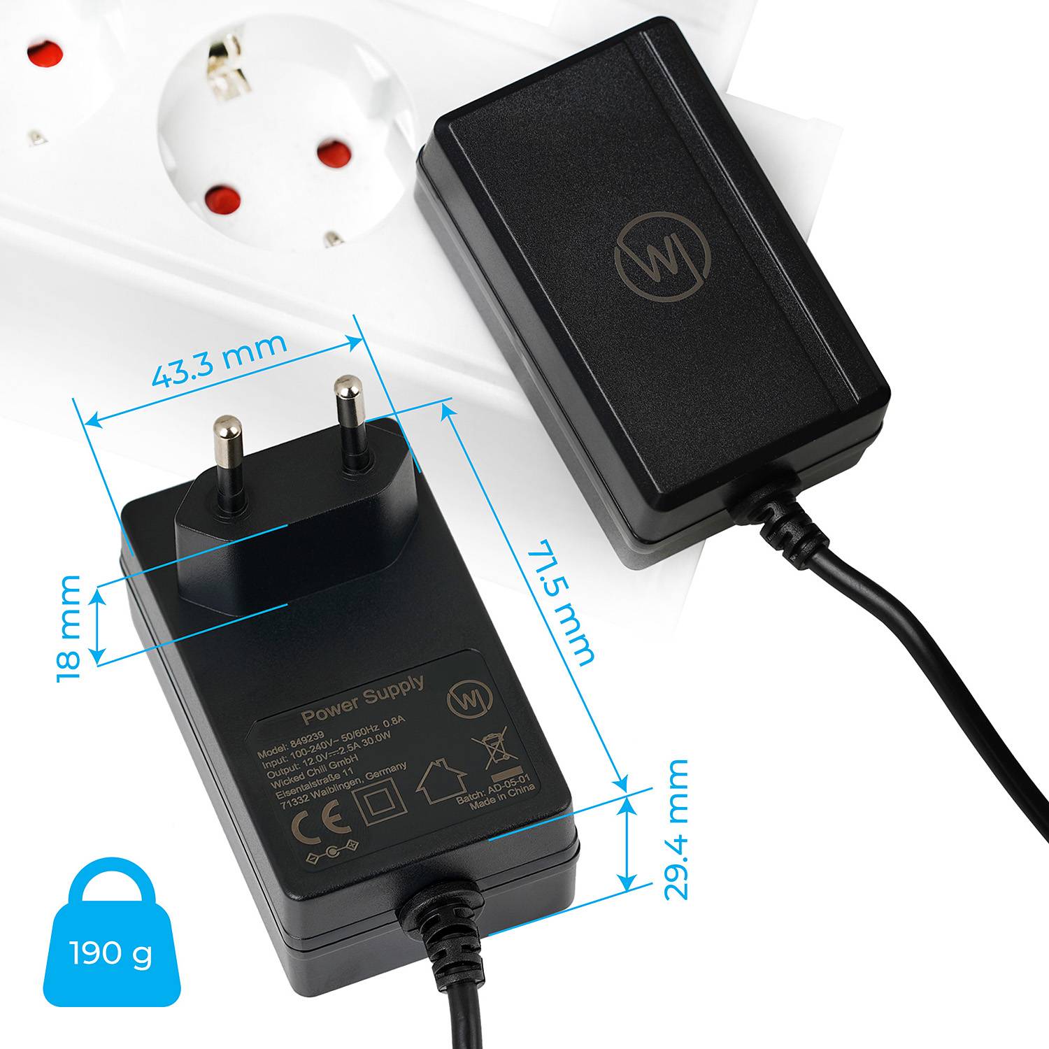 Wicked Chili 12V / 2,5A / 3m Ladegerät / Netzteil für DVB-T2 HD / DVB-T Receiver, Mediaplayer