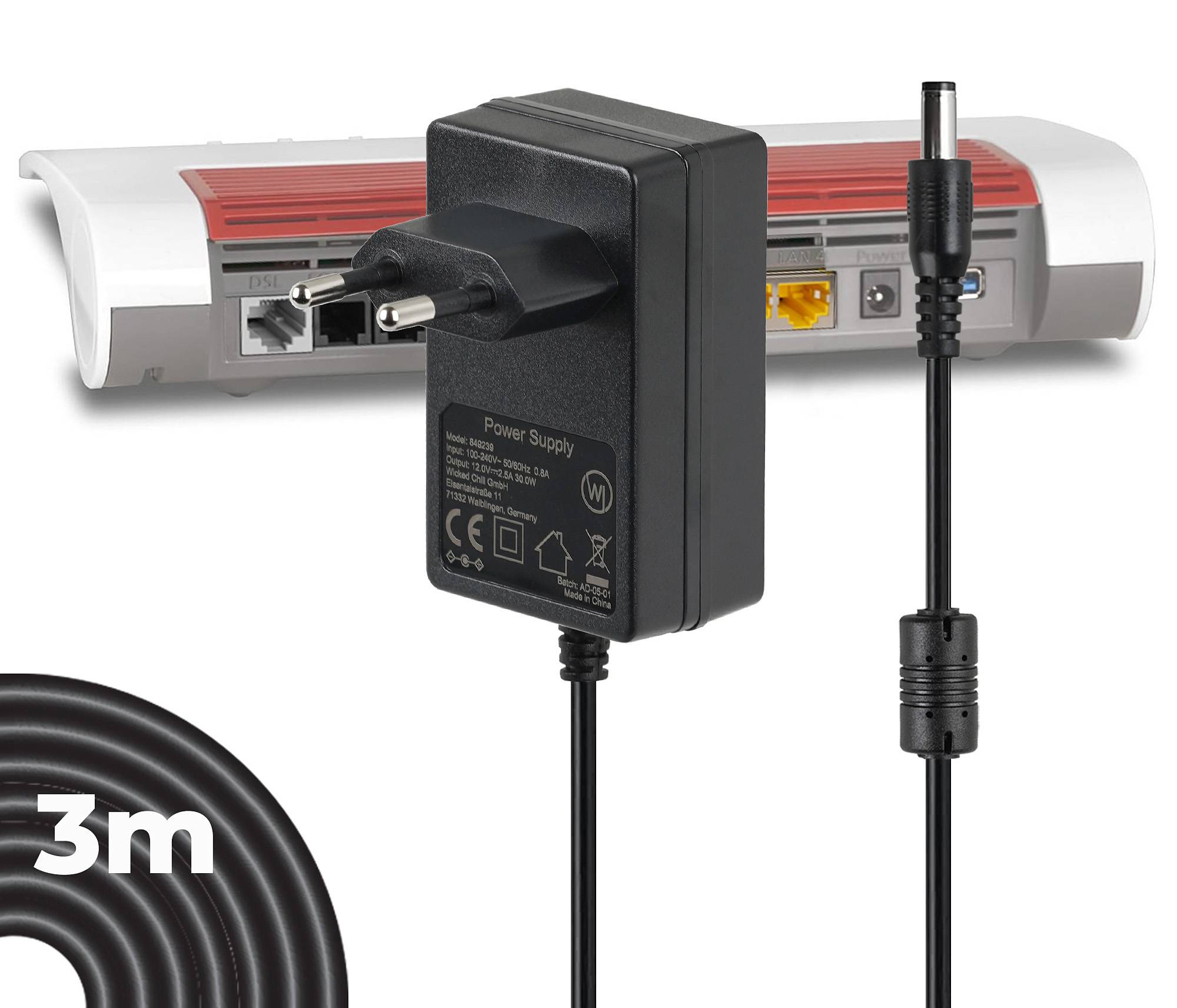 Wicked Chili 3,0m Netzteil für AVM FRITZ!Box 7590AX & Fritz!Repeater 6000 (ersetzt Fritzbox Ladegerät 311P0Wxxx)