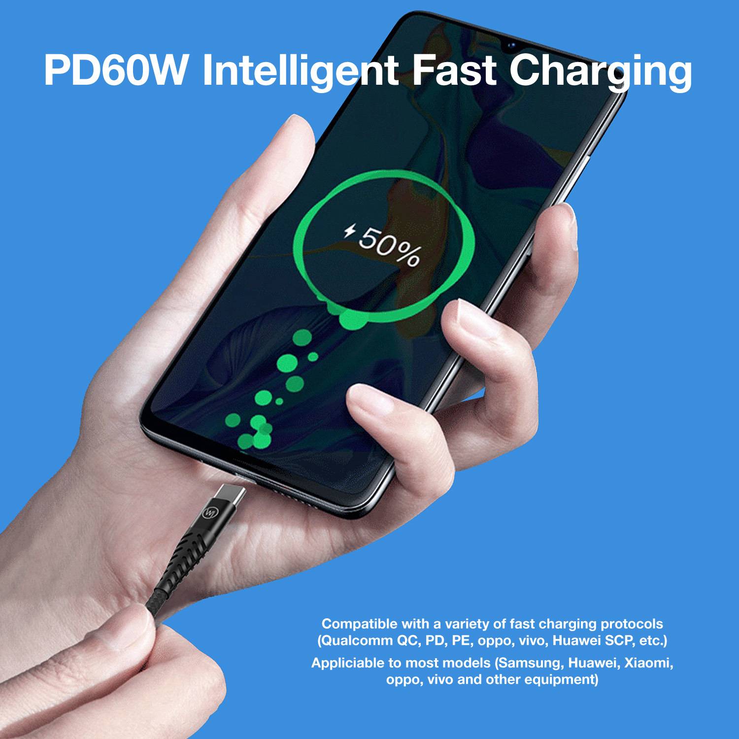 1x Dual USB-C Ladekabel 60W 1m Textilkabel, Schnellladekabel, Datenkabel für iPhone 15, Galaxy, iPad