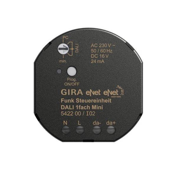 Runde schwarze elektronische Vorrichtung mit der Aufschrift 'GIRA eNet Funk Steuereinheit DALI 1fach Mini' mit Anschlüssen und Spannungsdetails.
