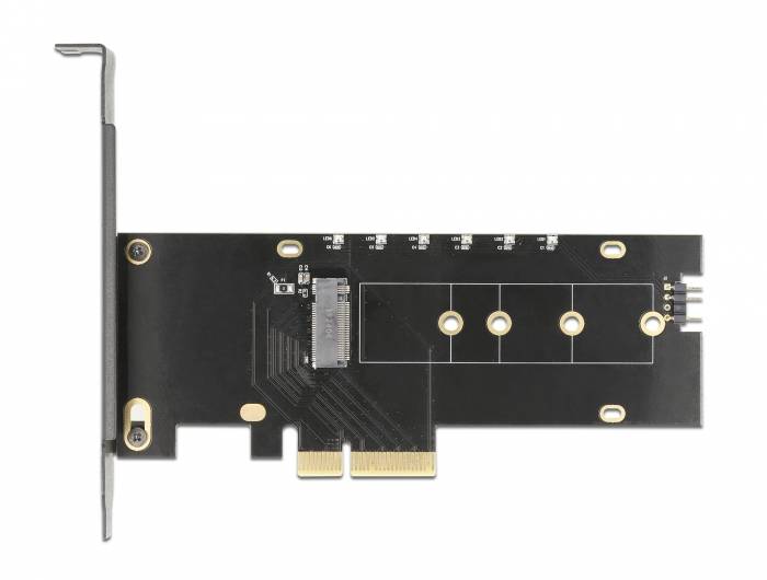 Eine schwarze PCIe-Erweiterungskarte mit einer Metallhalterung und Steckerleiste, dargestellt auf weißem Hintergrund.