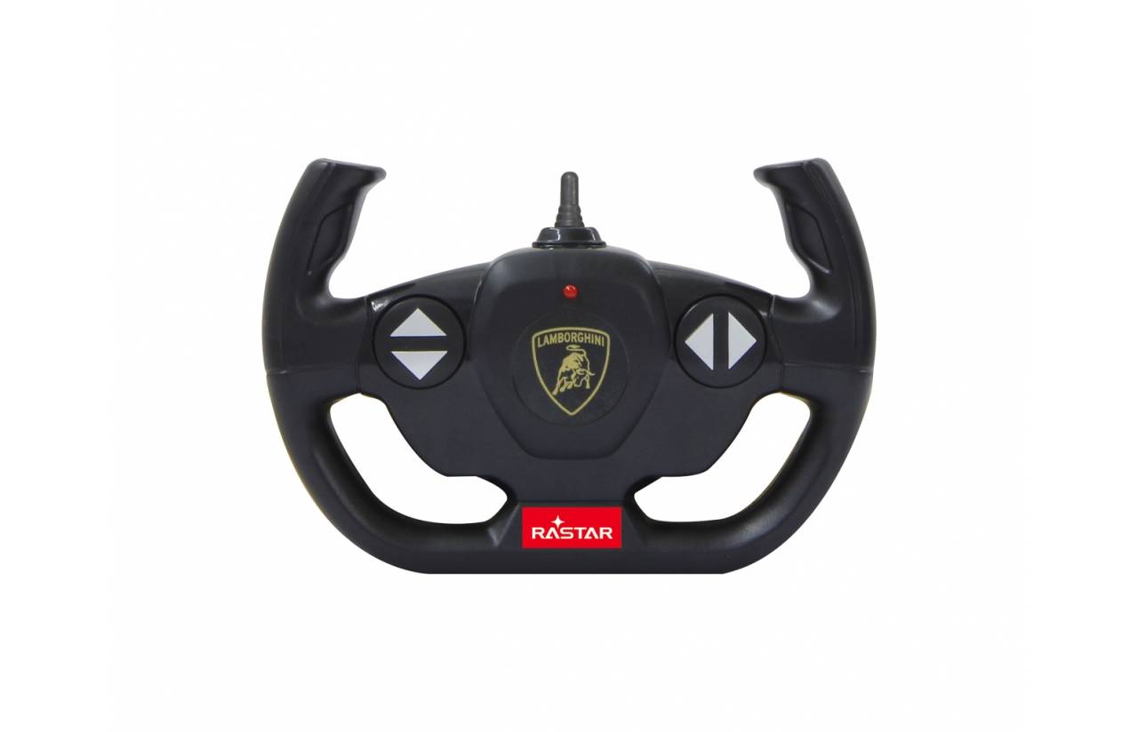 Schwarzes Lamborghini-Marken-Spielzeug-Lenkrad-Controller mit Pfeilen und Rastar-Logo auf weißem Hintergrund.