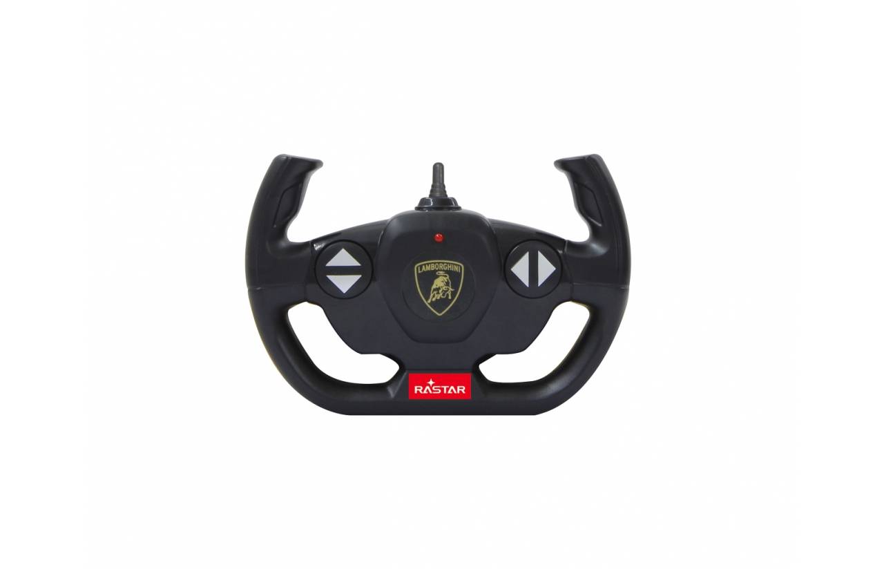 Schwarzes Lamborghini-Lenkrad-Controller-Spielzeug mit Richtungstasten und rotes Rastar-Logo auf weißem Hintergrund