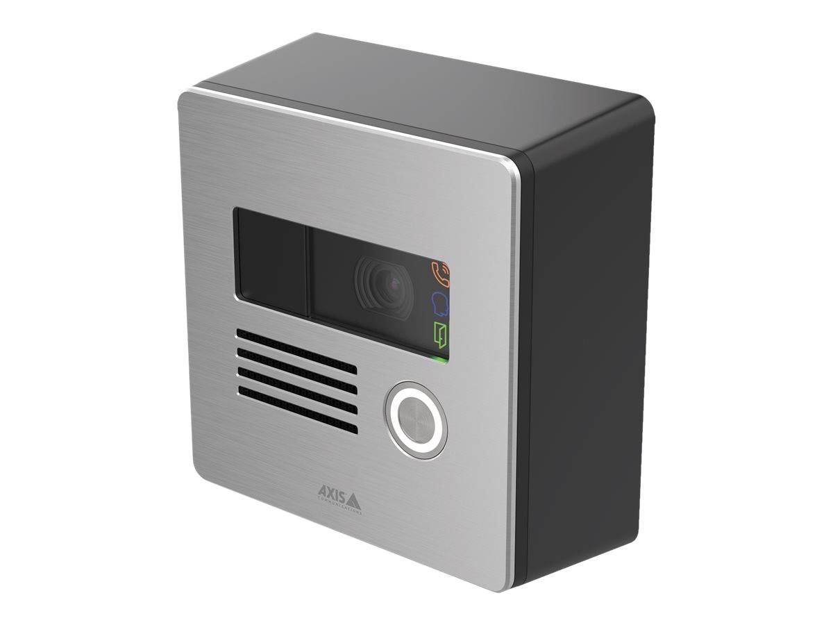 Wandmontierte Gegensprechanlage mit Kamera, Lautsprechergitter und beleuchtetem Ruftaster auf einer gebürsteten Metallfrontplatte.