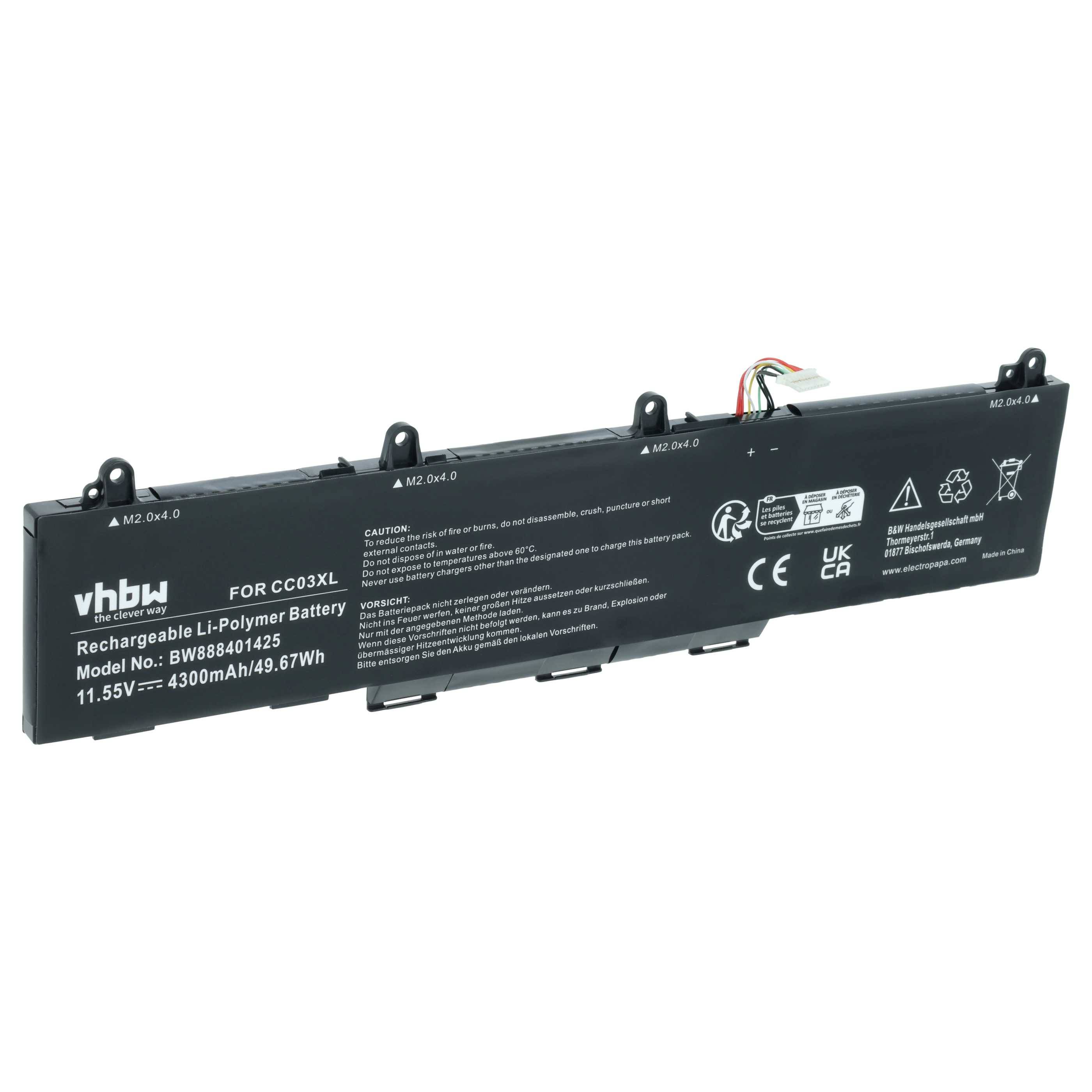 vhbw Akku Ersatz für HP CC03XL, CC03053XL, CC3056XL, CC3053XL-PL, 8MQ80AV für Notebook (4300 mAh, 11,55 V, Li-Polymer)