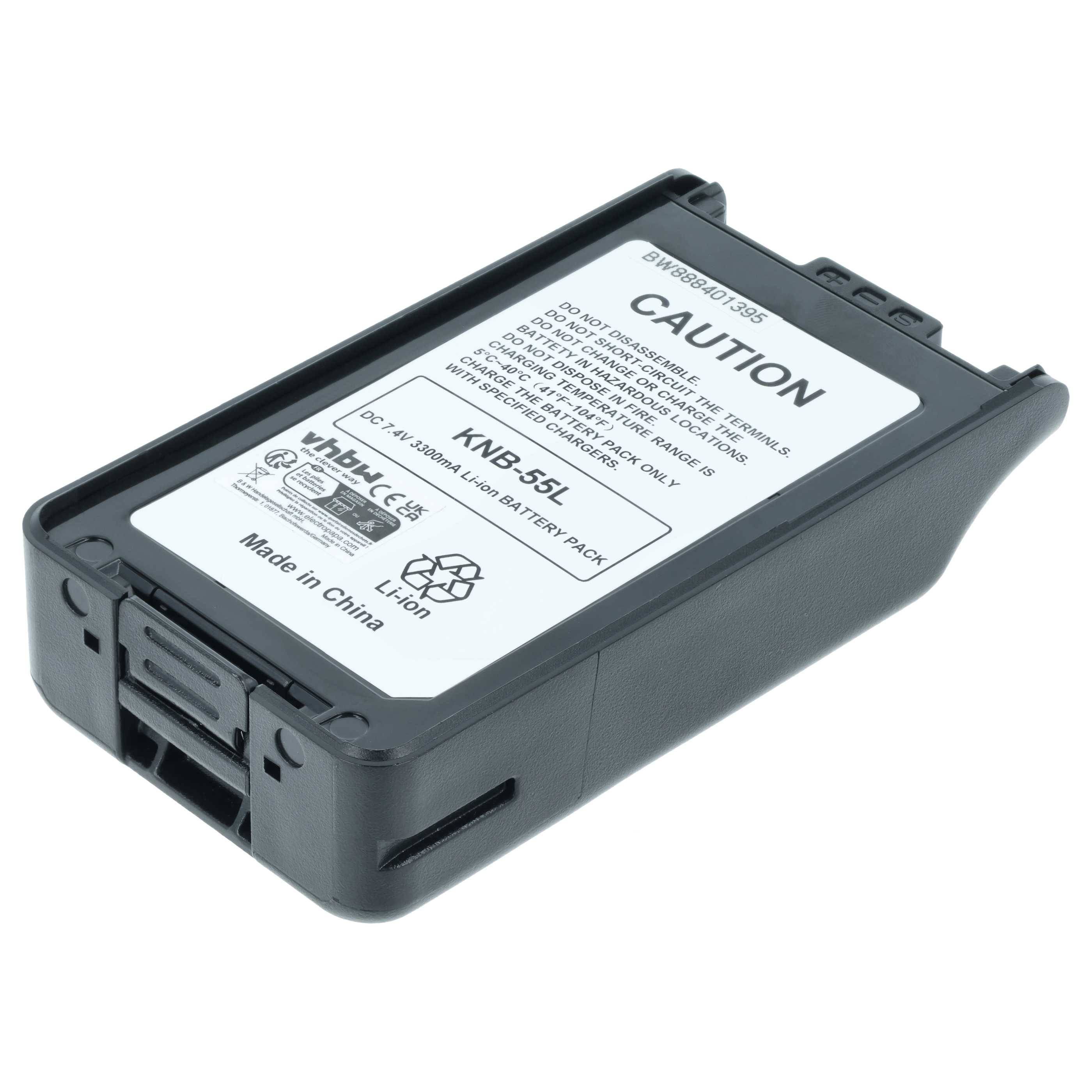 Ein aufladbares schwarzes Batteriepaket mit der Bezeichnung 'KNB-55L', versehen mit Vorsichtshinweisen, das als Lithium-Ionen-Batterie aus China hergestellt wurde.