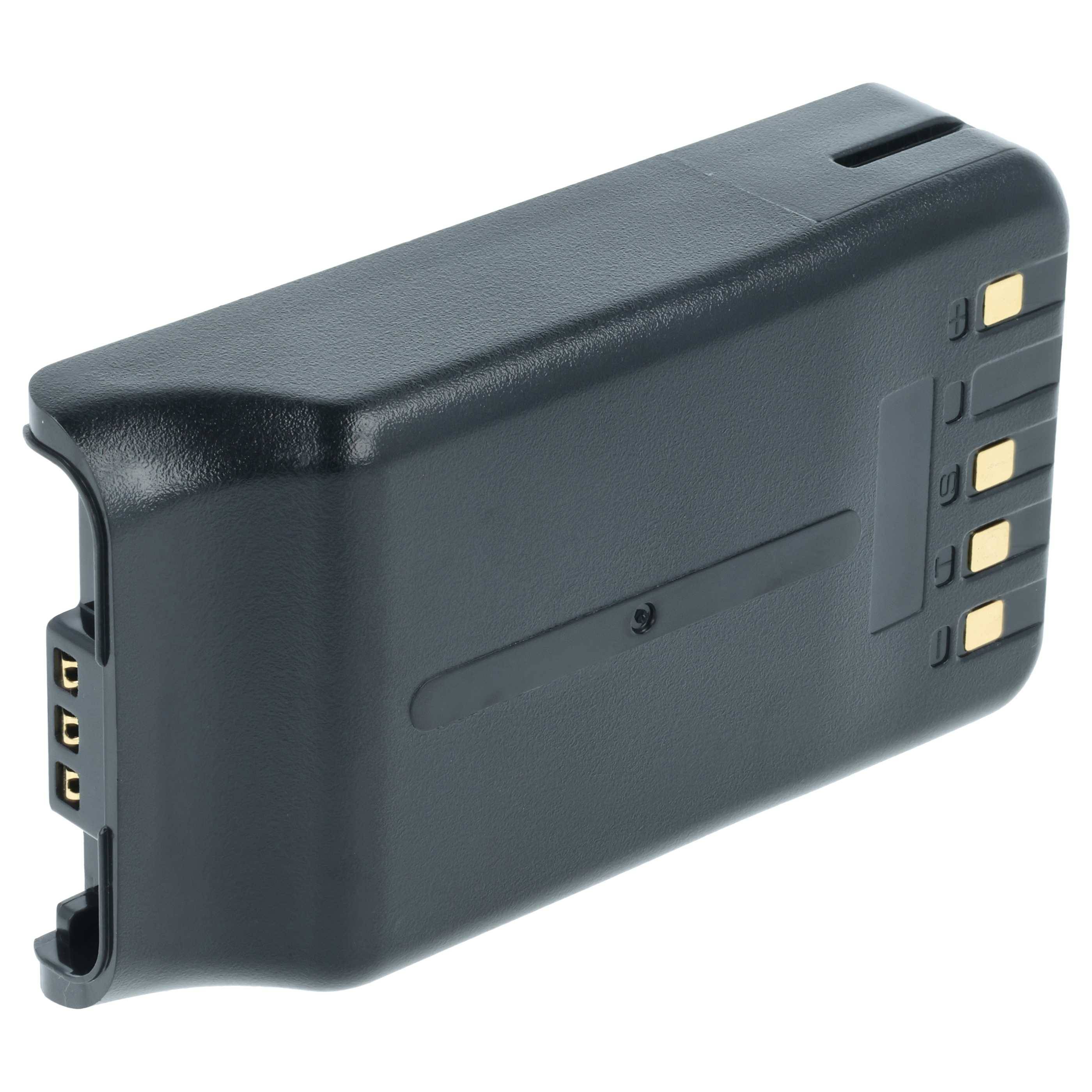 Eine rechteckige schwarze Batterie für ein Gerät, mit goldenen Kontaktpunkten an einer Seite und einer Aussparung für sicheres Einsetzen.