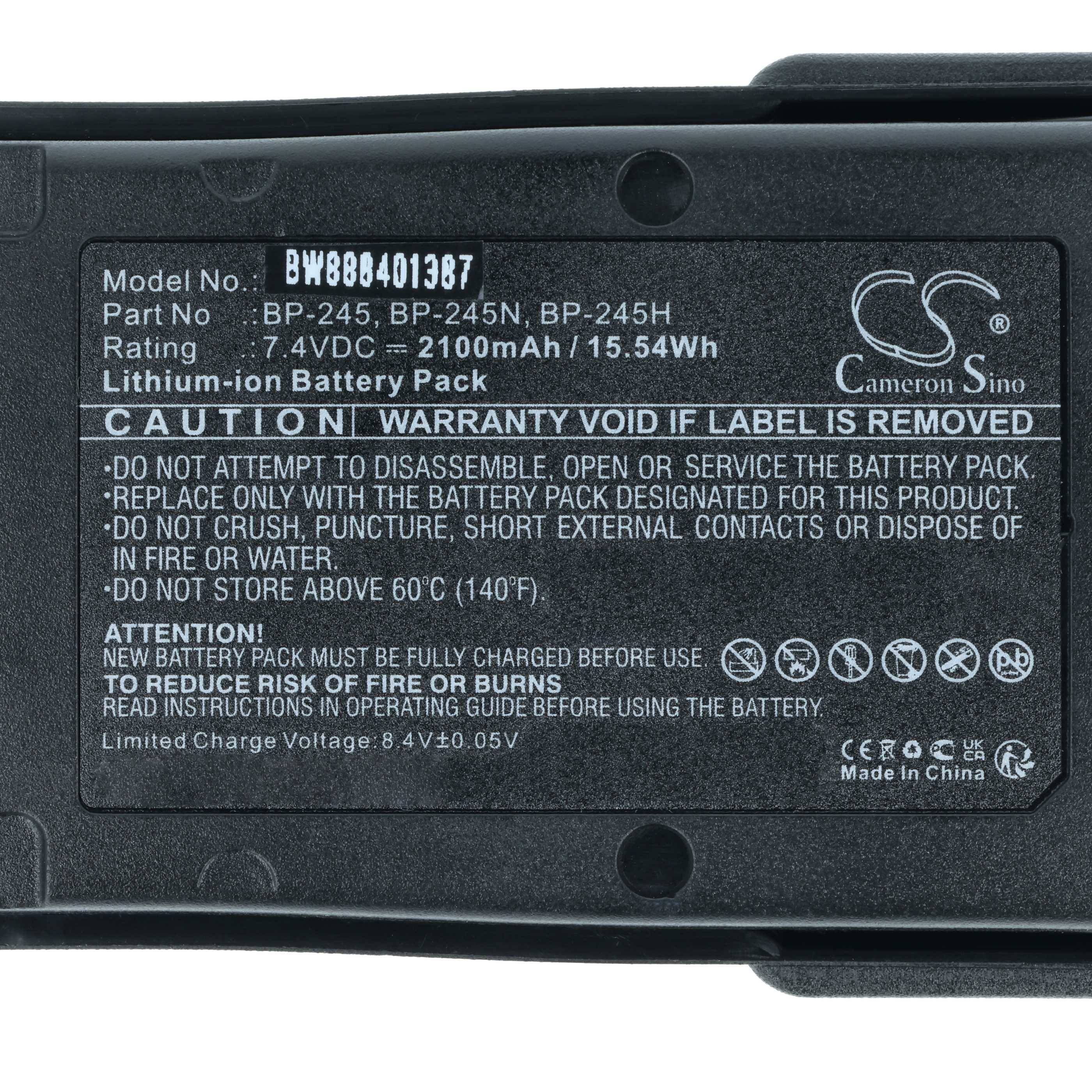 Ein Lithium-Ionen-Akkupack-Etikett mit Modellinformationen, Spannung und Kapazität. Warnung: „Nicht zerlegen. Nur richtiges Ladegerät verwenden.