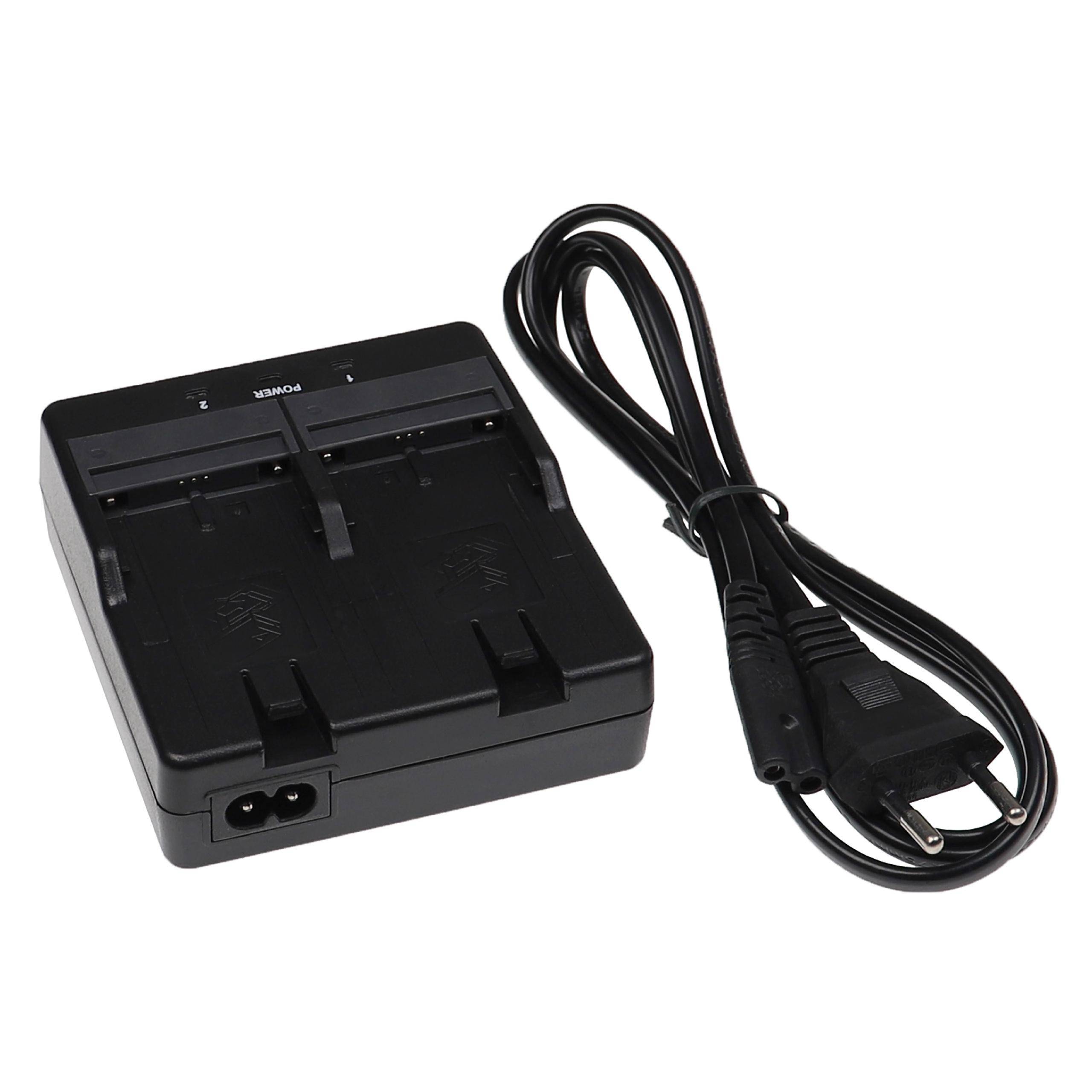 Schwarzes Dual-Batterieladegerät mit angebrachtem Stromkabel und Stecker auf weißem Hintergrund.