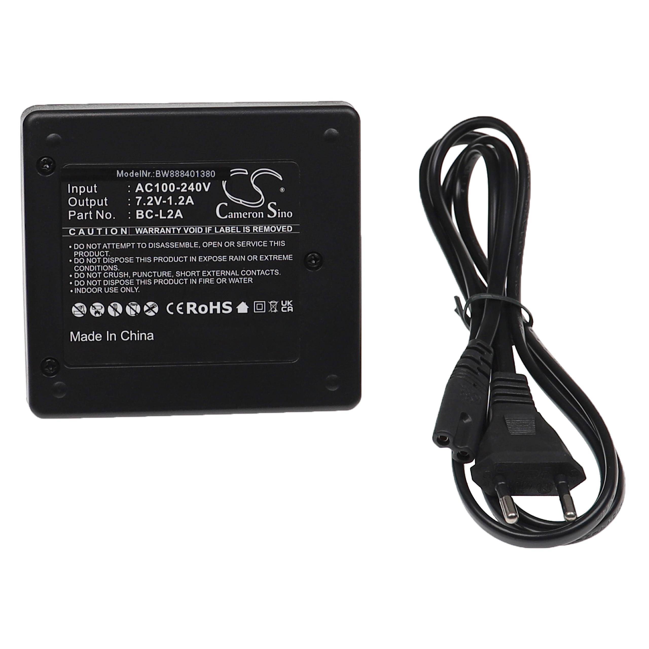Schwarzes Netzteil mit angekabeltem Stecker und Kabel, gekennzeichnet mit Eingabe AC100-240V und Ausgabe 7,2V 1,2A.