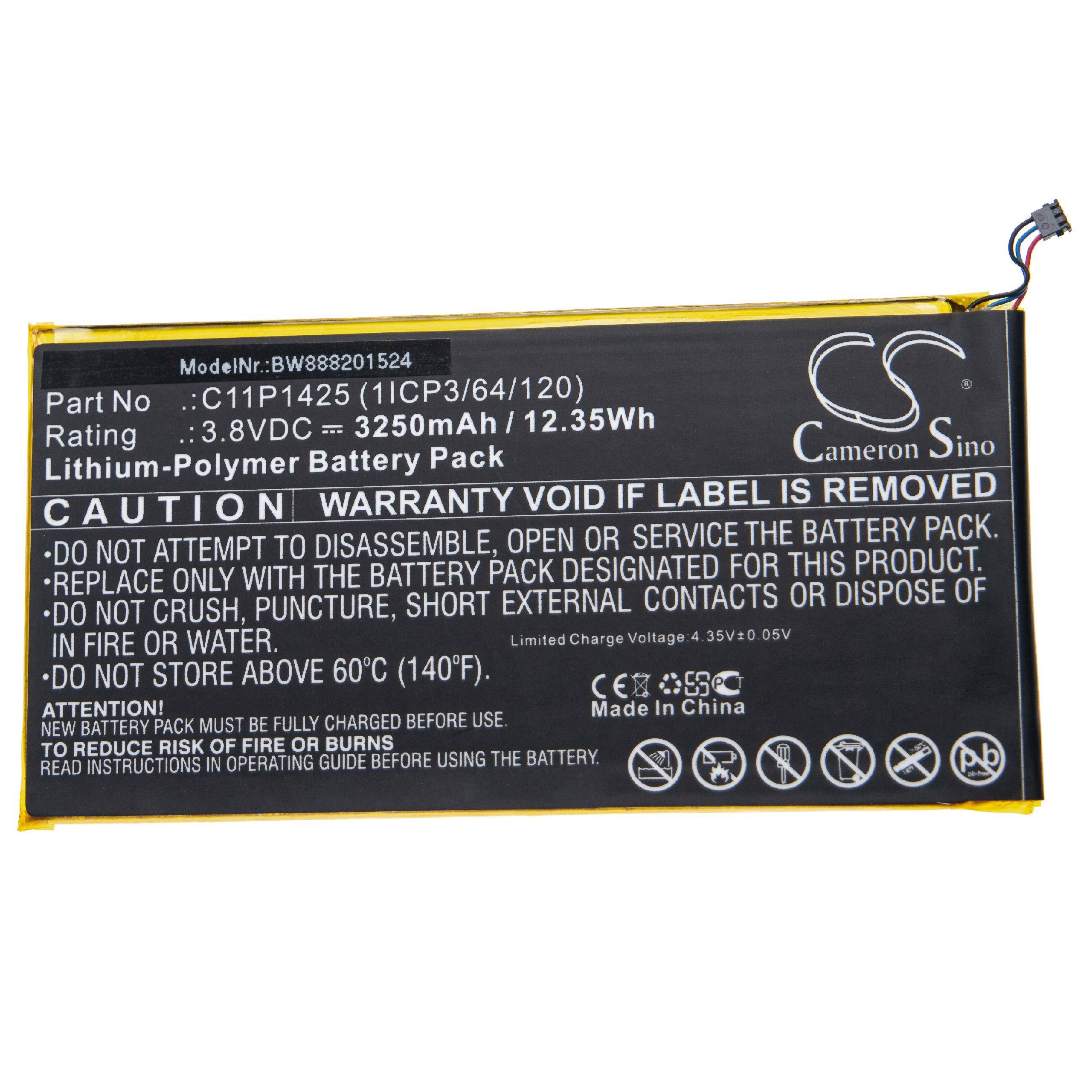 Lithium-Polymer Akkupack, 3,8VDC, 3250mAh. Vorsicht: Garantie erlischt bei Entfernung des Etiketts. Nicht zerquetschen, durchstechen oder Feuer aussetzen.