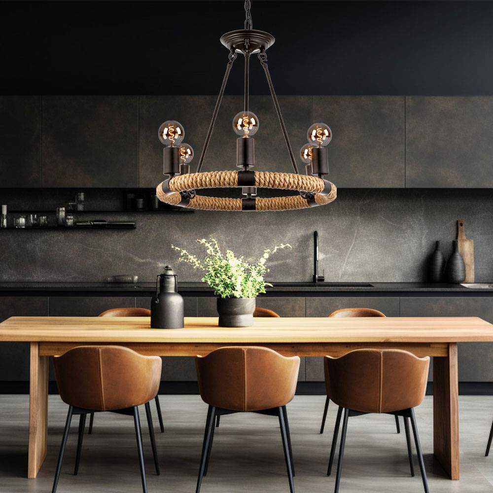 Kronleuchter Landhausstil Lüster Pendelleuchte Rustikal Esszimmerleuchte hängend, schwarz aus Metall, 6x E27, DxH 50x126 cm