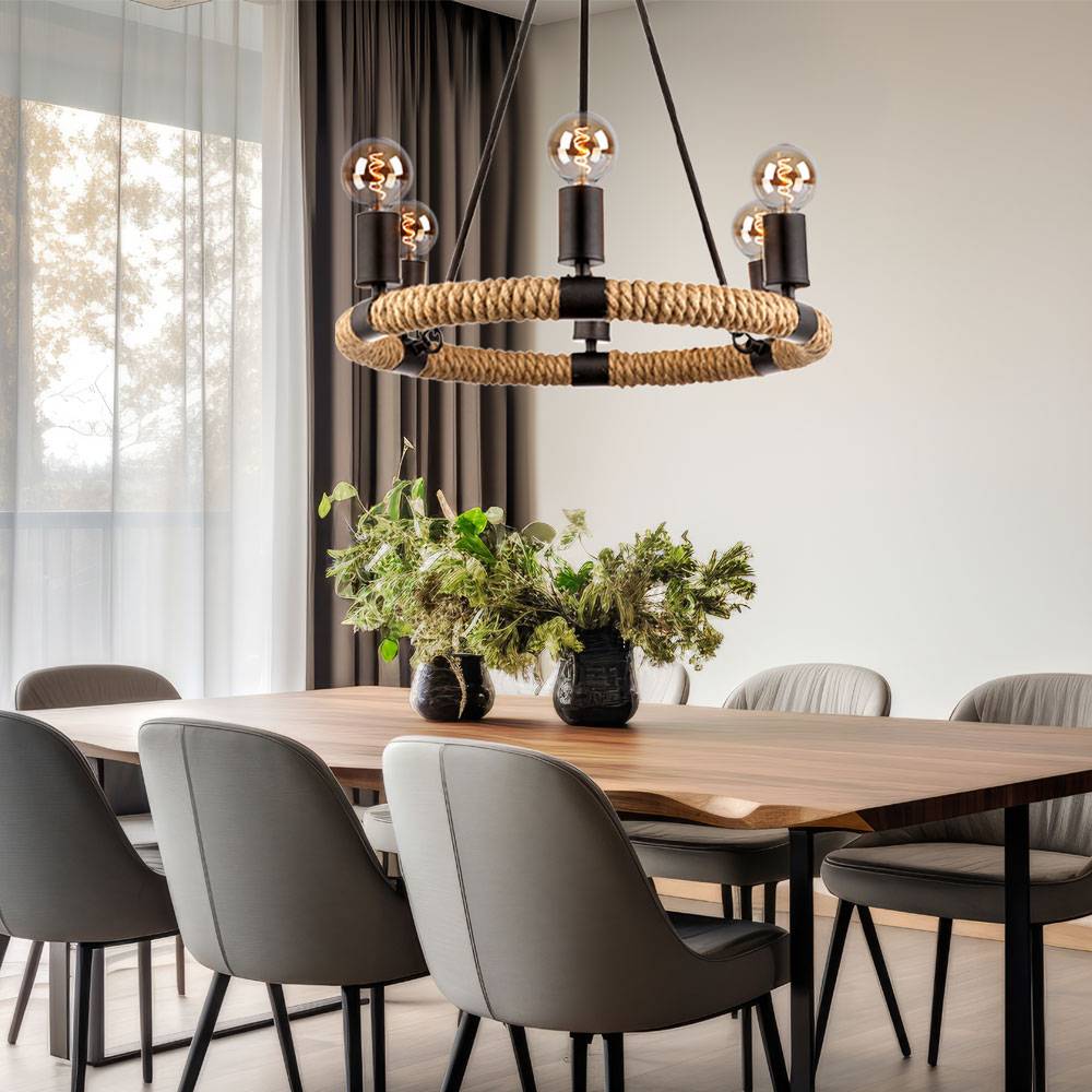 Kronleuchter Landhausstil Lüster Pendelleuchte Rustikal Esszimmerleuchte hängend, schwarz aus Metall, 6x E27, DxH 50x126 cm