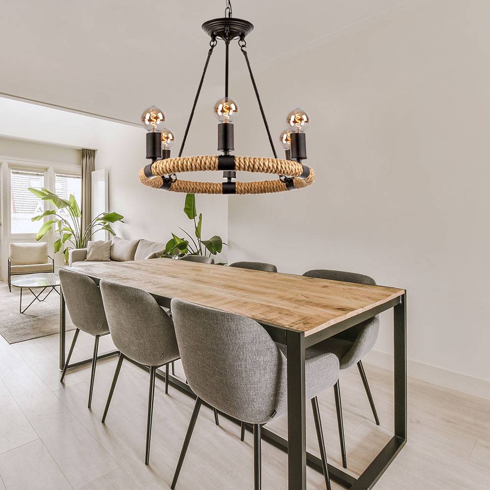 Kronleuchter Landhausstil Lüster Pendelleuchte Rustikal Esszimmerleuchte hängend, schwarz aus Metall, 6x E27, DxH 50x126 cm