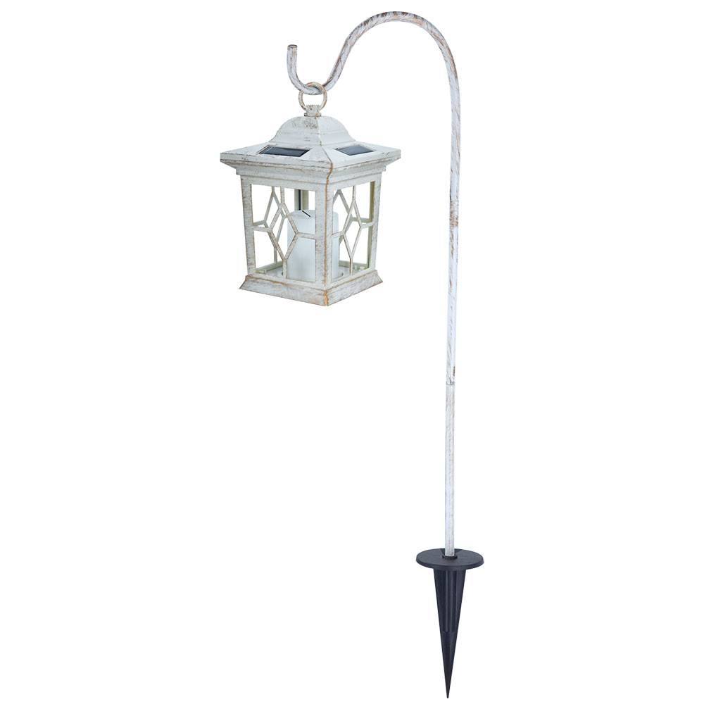 Solarlampe Steckleuchte Erdspieß Solarlampen Garten Flackerlicht Solar Außen Steckleuchten im Laternen Design, Metall weiß, 1x LED, LxBxH 21x14,3x3