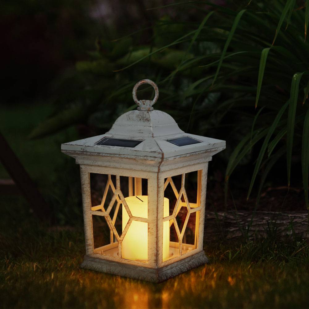 Solarlampe Steckleuchte Erdspieß Solarlampen Garten Flackerlicht Solar Außen Steckleuchten im Laternen Design, Metall weiß, 1x LED, LxBxH 21x14,3x3